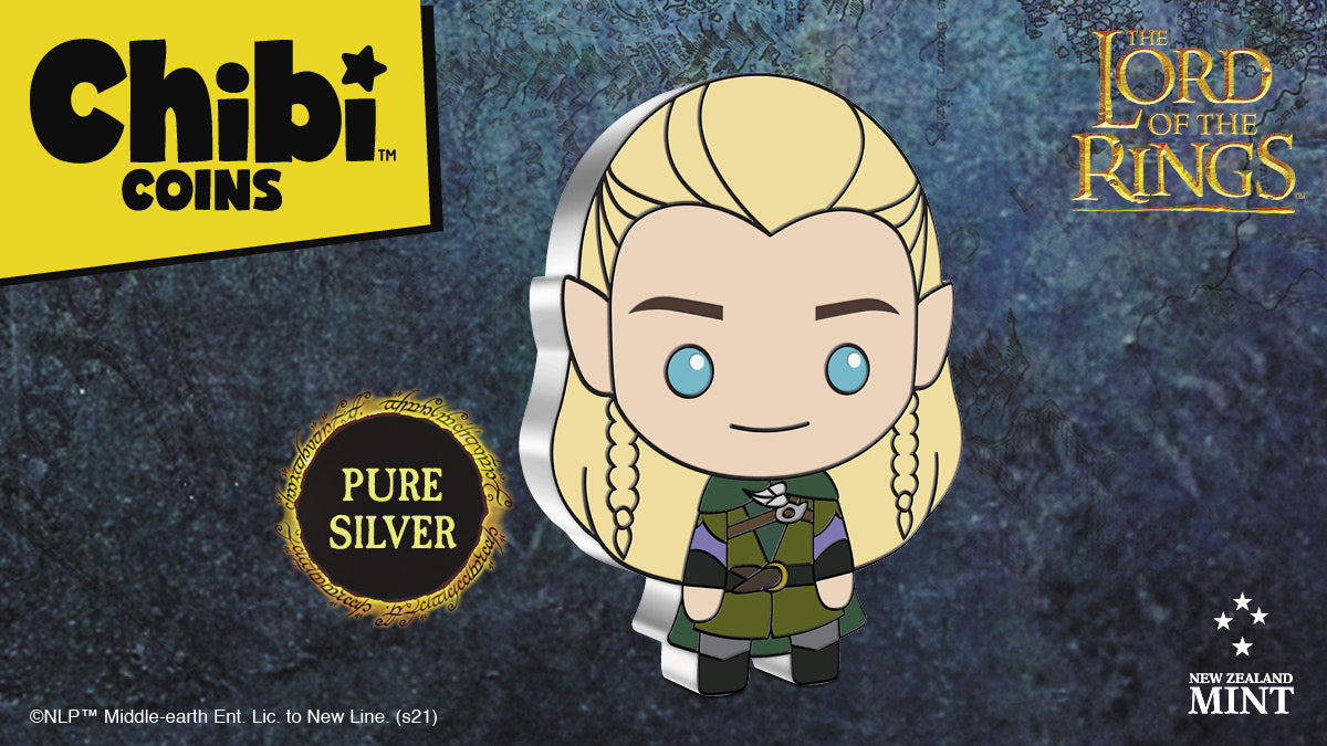 Legolas, the Elf from THE LORD OF THE RINGS™, takes his place in this 1oz Silver Chibi™ Coin Collectible Series. Featured in grey and green attire, his distinctive long blond hair, pointed ears and bright blue eyes make him instantly recognisable.