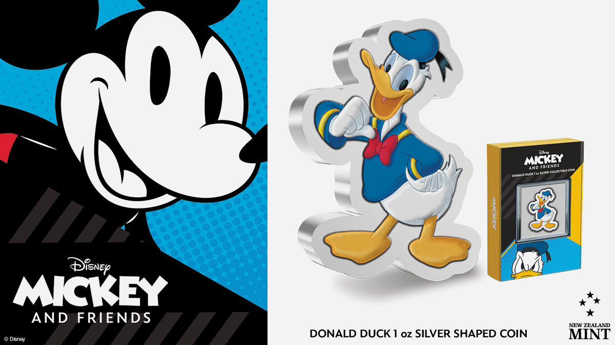 The third release in our shaped series, this new pure silver coin shows Disney favourite, Donald Duck. Made from 1oz of pure silver the coin shows a cheeky Donald as we have come to know and love him, dressed in a sailor shirt, cap and bow tie.