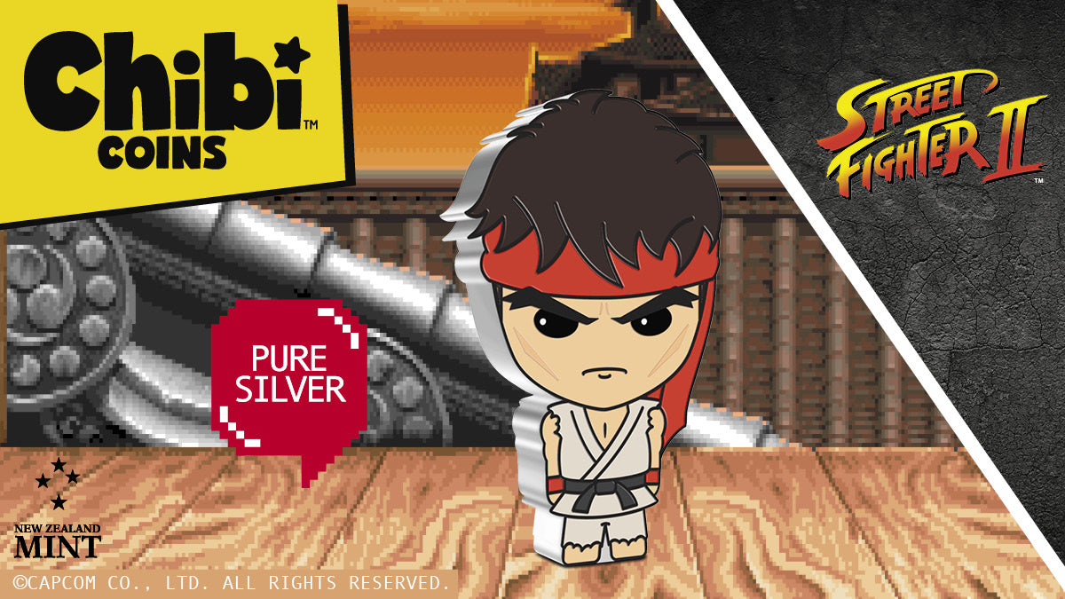 Our growing Chibi® Coin Collection continues with a new series for the iconic video game Street Fighter™. This 1oz silver coin shows Ryu in his most recognizable attire of tattered white karate gi, long red headband, red gloves and bare feet.