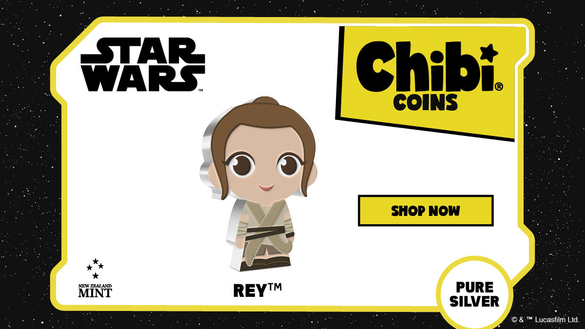 This one is strong with the Force™! Our new Star Wars™ Chibi® Coin shows the resilient Rey™. Made from 1oz of pure silver, the coin has been shaped and coloured to show Rey in her multi layered outfit – making her instantly recognisable.