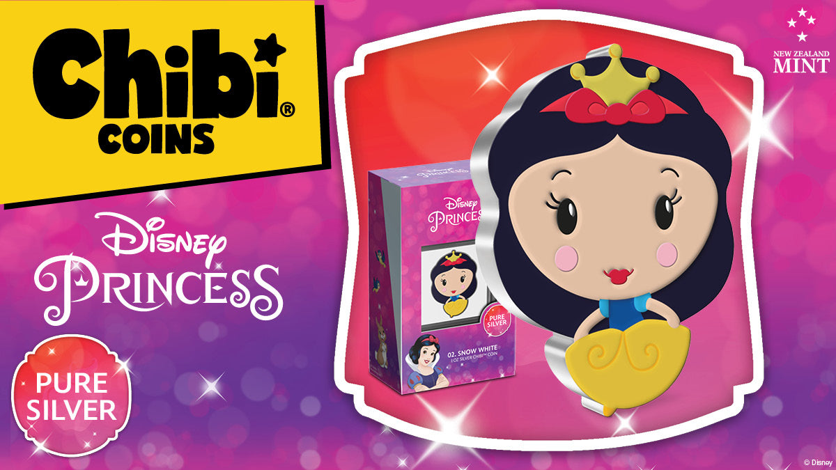 The second coin in our new Disney Princess Chibi® Coin series is for Snow White. The collectible coin inside is made from 1oz of pure silver but is still instantly recognisable by her red hair bow, lips as red as a rose and iconic blue and yellow dress!