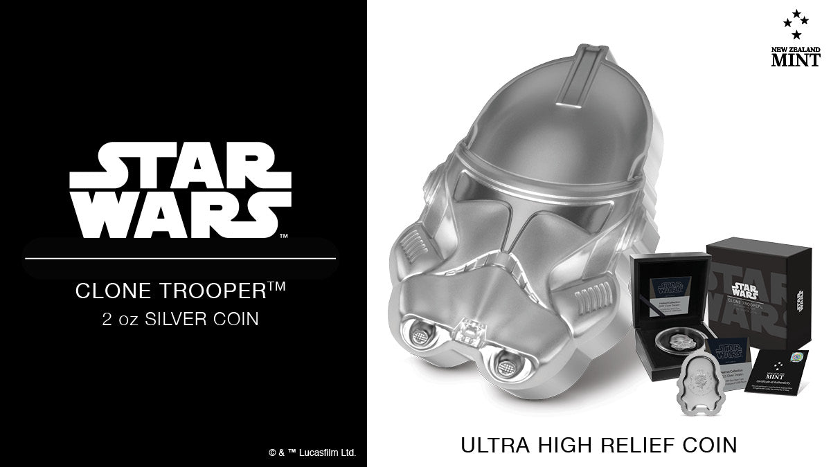 This 2oz pure silver collectible coin replicates the helmet of the highly efficient Clone TrooperTM in perfect detail. This unique coin follows the outline shape of the variant helmet rather than being a traditional round. Learn more..