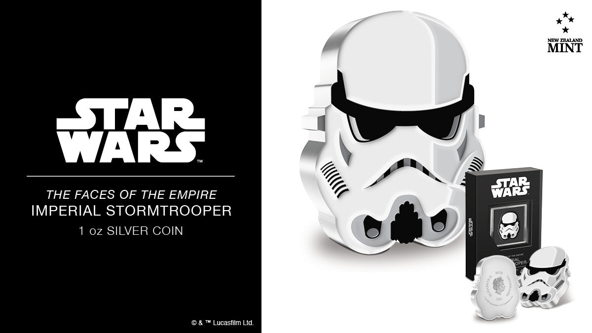 This 1oz pure silver collectible Faces of the Empire™ coin not only follows the shape of Imperial Stormtrooper’s intimidating helmet, but it also incorporates additional relief to give it a more 3D feel.