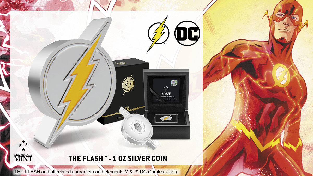 This 1oz silver collectible coin celebrates the Scarlet Speedster, THE FLASH™. The coin has been shaped and engraved with a bolt of lightning for THE FLASH. Yellow enamel makes it pop, while the mirror finish on the shield ensures it shines!