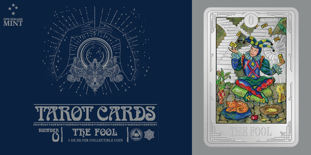 The Fool features on the first release in our new Tarot Cards coin collection. This 1oz pure silver coin shows a coloured and engraved representation of The Fool on a rectangular coin - to mirror the shape of a Tarot card. Learn more...