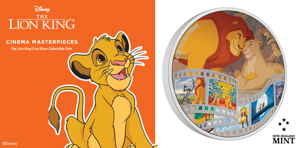 Officially licensed, this gleaming pure silver collectible coin features a coloured image of Mufasa, Sarabi, and baby Simba, cradled in her arms. Along the bottom of the coin, a supporting montage of animation can be seen in the engraved silver film roll.