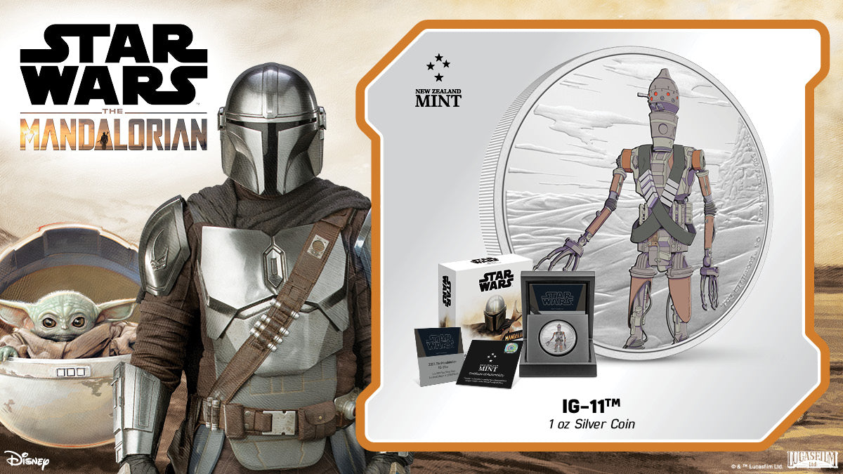 Disney+ serDisney+ series The Mandalorian™ introduced us to a new assassin droid, IG-11™. This officially licensed pure silver collectible coin features this reliable and durable droid in colour against an engraved landscape. ies The Mandalorian™ introduced us to a new assassin droid, IG-11™. This officially licensed pure silver collectible coin features this reliable and durable droid in colour against an engraved landscape. 