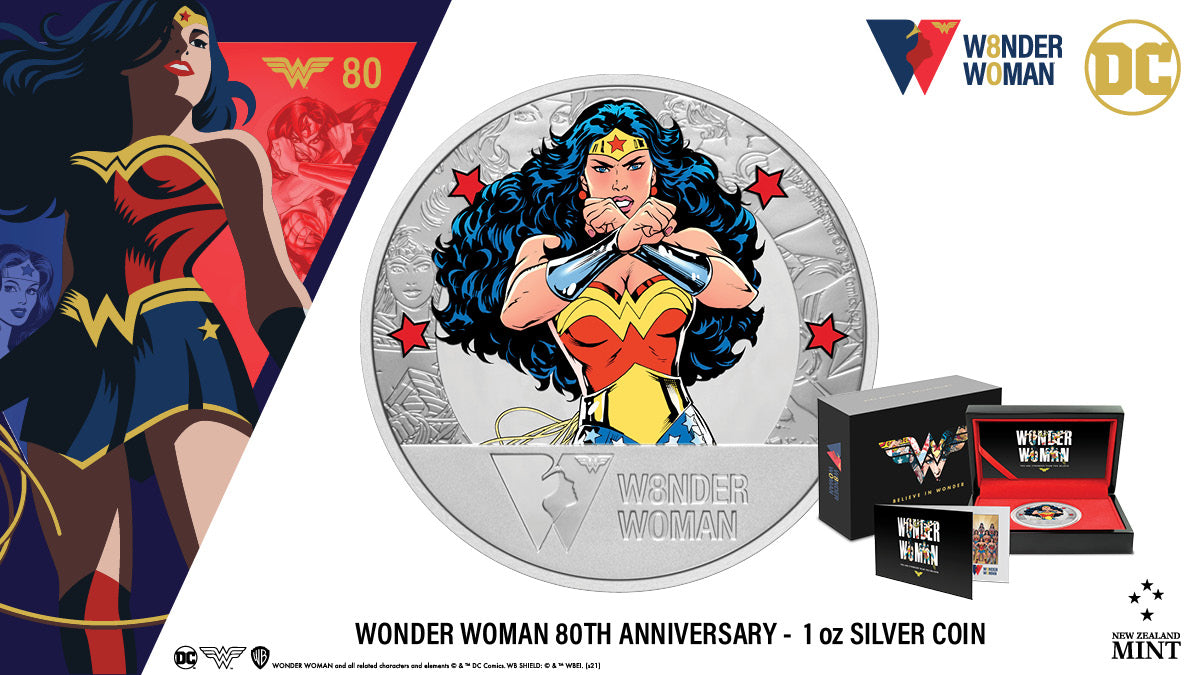 Celebrate the 80th anniversary of WONDER WOMAN™ with this stunning silver collectible. The unique, large-format 50mm silver coin allows room for coloured and engraved images of WONDER WOMAN through the ages as well as the official 80th Anniversary logo.