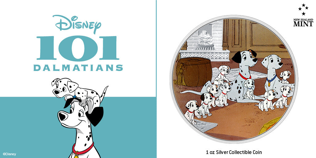 The second release in our coin collection for Disney’s 101 Dalmatians features the adorable tail-wagging family in 1oz pure silver! The design is mostly in colour but for contrast, some patches have been engraved and frosted.