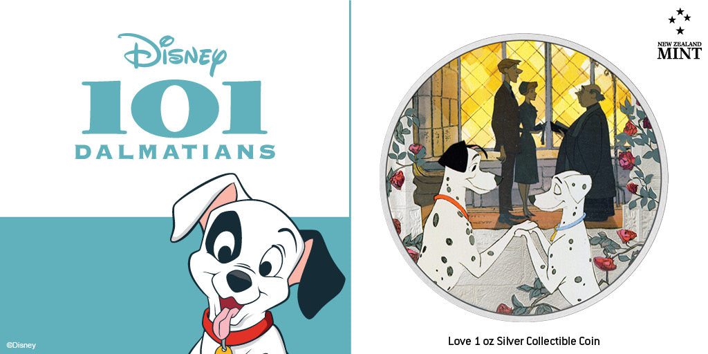 This 1oz pure silver coin showcases a signature moment from the film where Roger and Anita and their pups, Pongo and Perdita, get married. While most of the image is in colour, the outside of the chapel has been frosted to make the silver pop!
