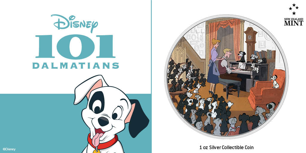 Made of 1oz pure silver, this coin shows the final moment in the endearing film where Roger and Anita are singing together, surrounded by their 101 dogs. The design is mostly in colour but for contrast, the wall has been engraved and frosted.