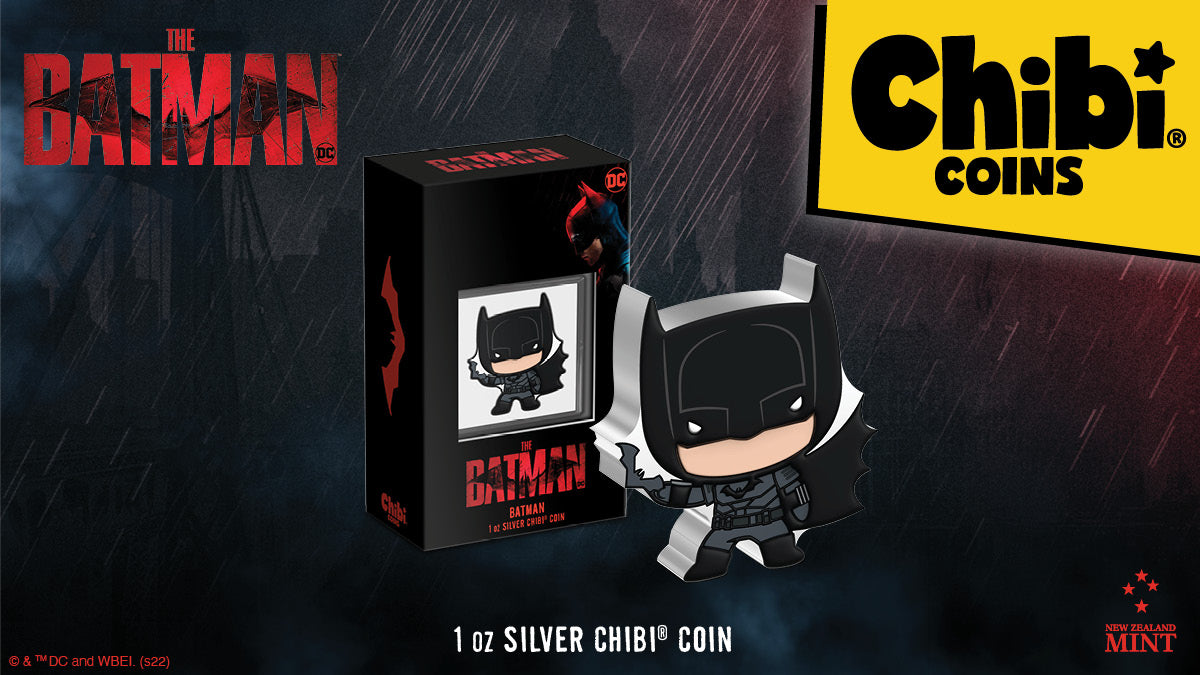 This 1oz pure silver Chibi® Coin has been shaped and coloured to resemble the intimidating BATMAN™ as seen in the 2022 film, The Batman. He is shown wearing his iconic Batsuit, black cape and cowl and holding his Batarang.