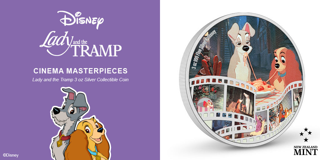 This beautiful coin is coloured to show the iconic scene where the two dogs share a romantic evening and a plate of spaghetti. Along the bottom is a silver film roll with a mirror-finish, displaying a lovely montage of stills from the movie.