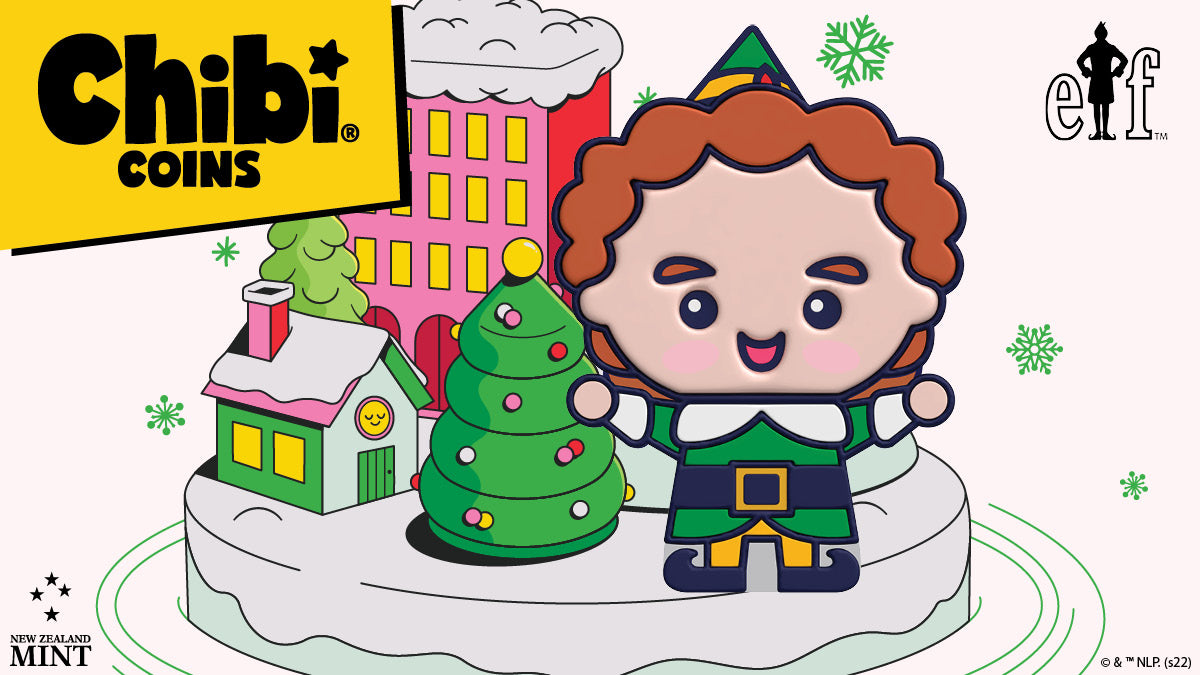 As the holidays approach, the best way to be filled with Christmas wonder is with a pure 1oz silver Chibi® Coin of Buddy the Elf! He is shown wearing his iconic green and yellow elf suit, gleaming with joy.