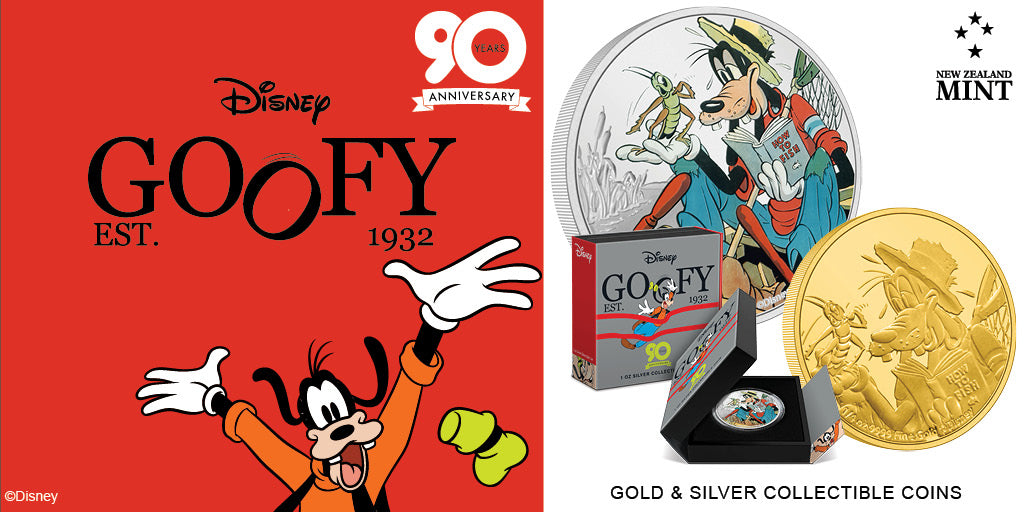 Good-natured and loyal Goofy is featured on these 1oz pure silver and 1/4oz gold collectible coins. The 1oz features adorable Goofy and Wilbur, which contrasts against the mirror finish background. The 1/4oz gold coin shows the two friends engraved.
