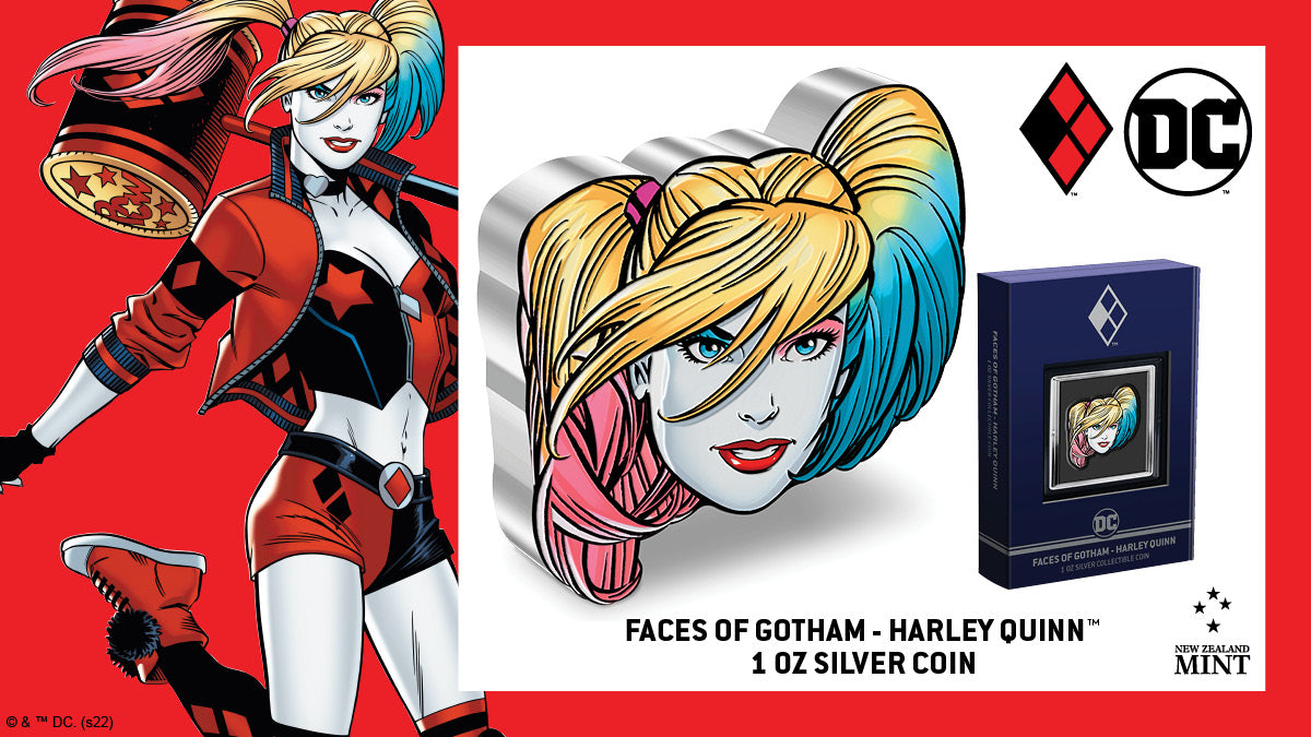 This DC Comics 1oz pure silver collectible coin is the seventh release in our Faces of Gotham™ collection. It has been coloured and shaped to resemble the flamboyant anti-heroine with her iconic blue and pink hair and bleached white skin.