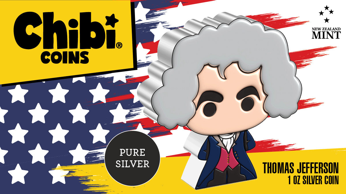 Next in our Mt. Rushmore Presidents Chibi® Coin series features one of the most influential founders of the United States, Thomas Jefferson! This coin is 1oz of pure silver and shaped with slight relief. Jefferson is shown wearing a colonial outfit.