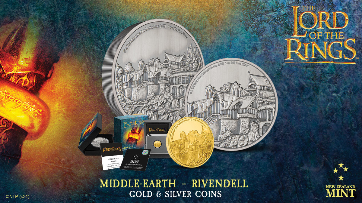 These pure gold and silver coins beautifully capture the dwelling of the mighty elf Elrond, Rivendell. The 3oz pure silver engraved coin shows the wider view of the house, with a closer shot in the 1oz silver and ¼oz gold coins.