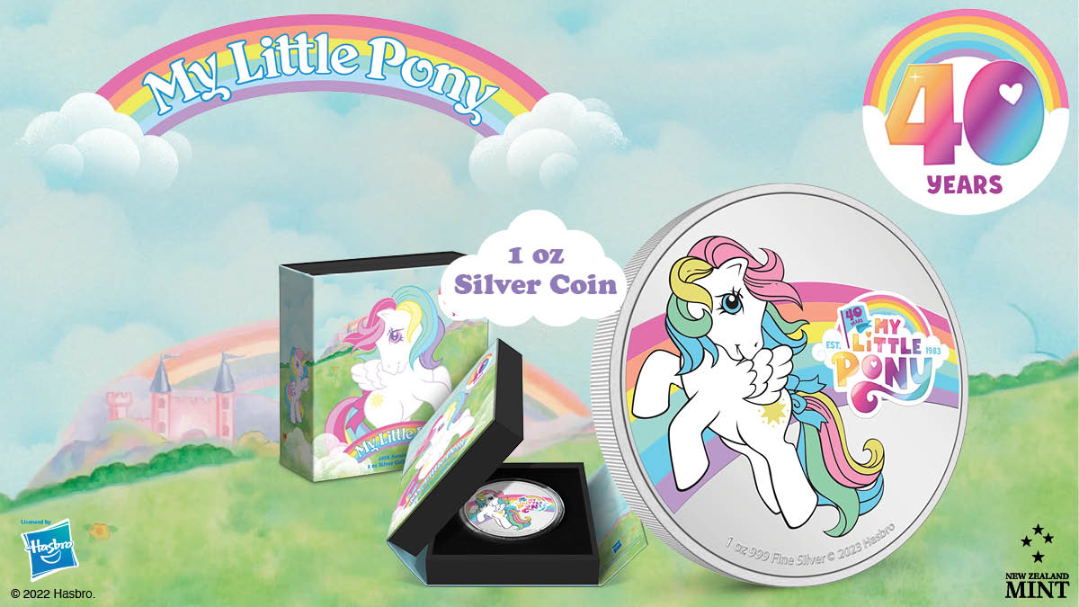 Saddle up and join the excitement as My Little Pony turns 40! This special 1oz pure silver coin shows Starshine in full colour – one of the most beloved retro ponies! The 40th anniversary logo is displayed beside.