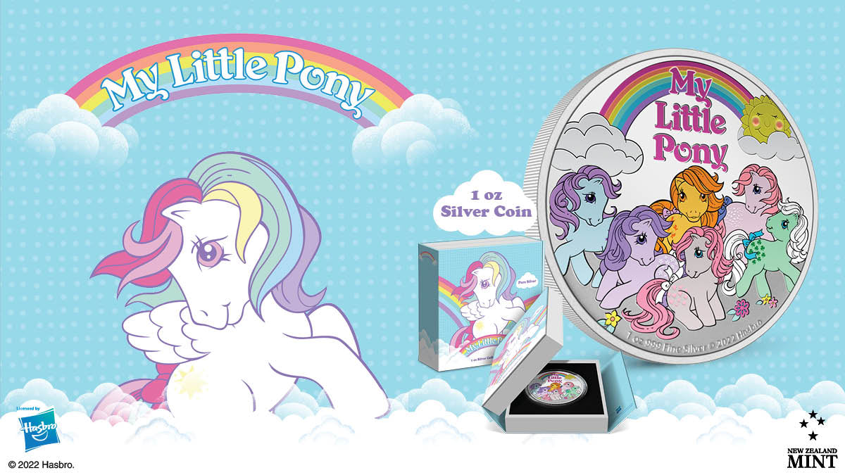 This 1oz pure silver coin includes a coloured image of the original six pony friends. Some has been applied to make the silver pop! For further interest, there is the engraving of ‘My Little Pony’ and a mirror finish background.