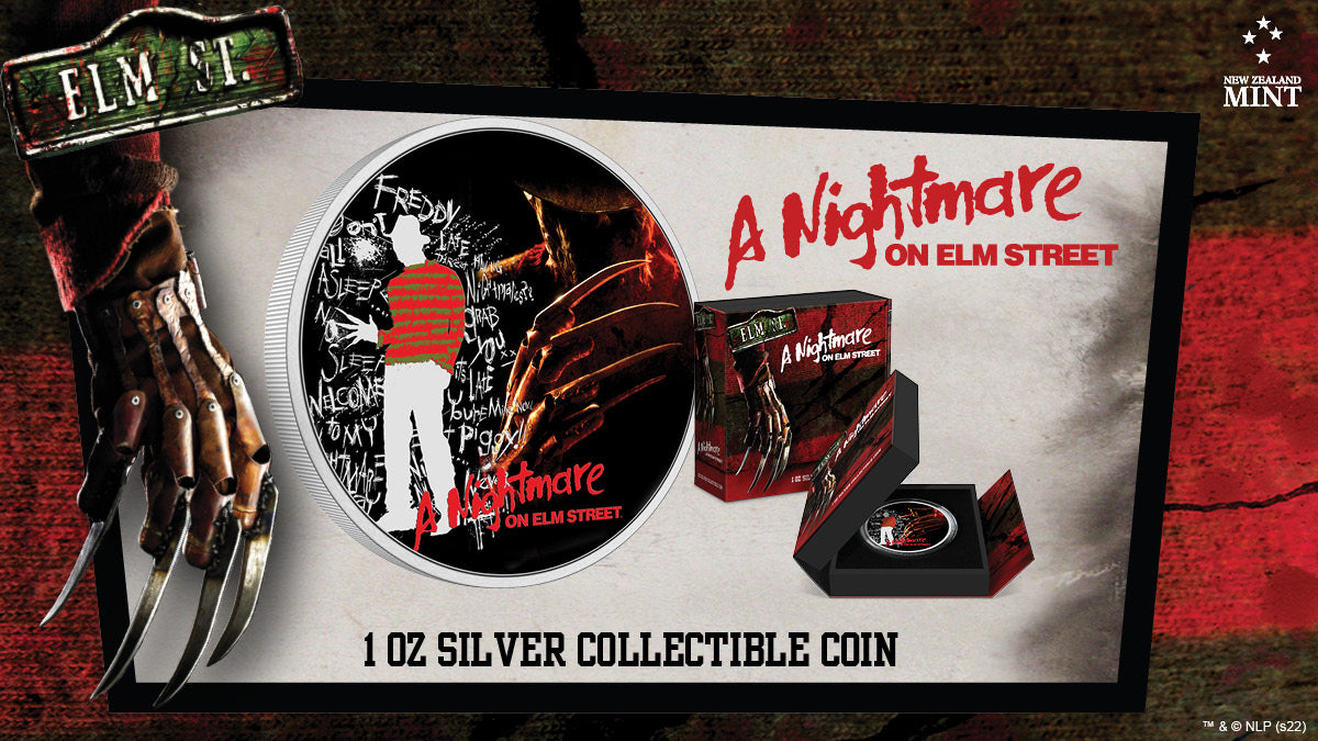 Freddy Kruger lives and is ready to haunt our dreams with this frightening 1oz pure silver coin! The coin features a coloured image of Freddy’s razor-sharp glove and carvings of his evil words.