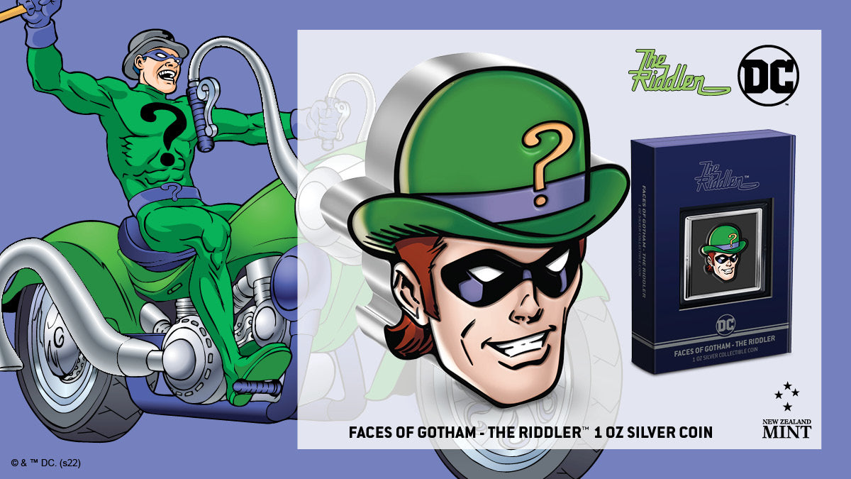 The sinister trickster, THE RIDDLER™ is a master at designing complex traps who is willing to use innocent lives as bait. Made with 1oz pure silver, this thrilling coin design is shaped and coloured to showcase the criminal mastermind donning his purple domino mask and green question mark bowler hat.