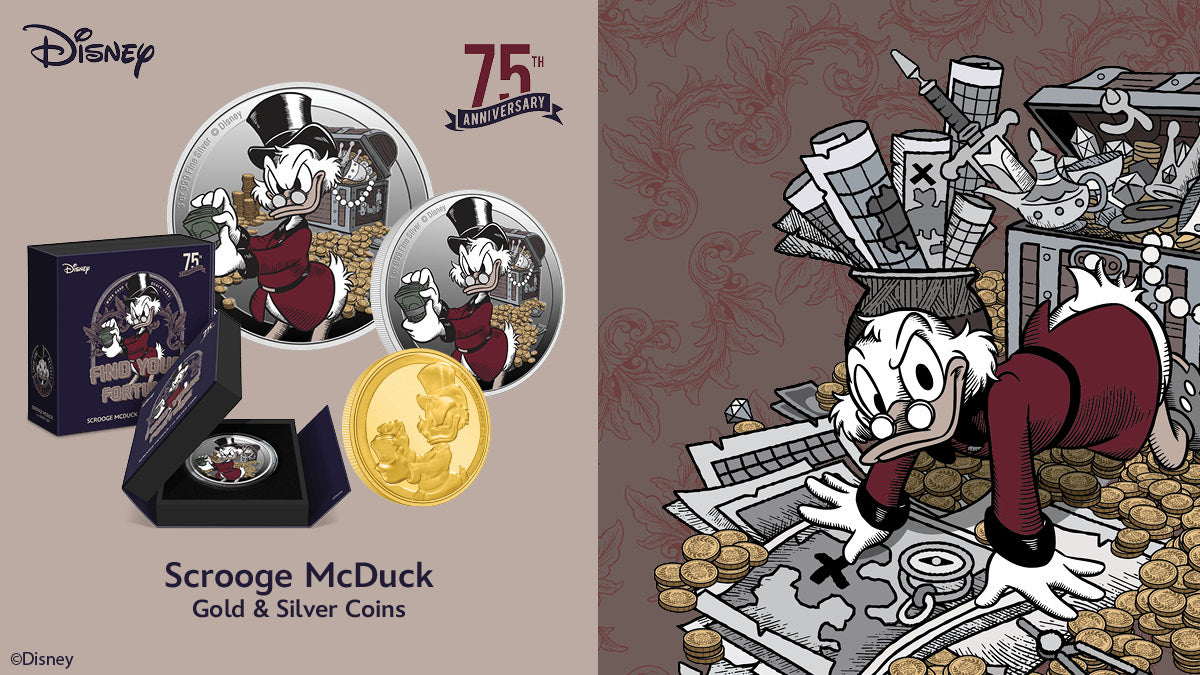 Made of 1oz pure silver, this piece showcases Uncle Scrooge in full colour, wearing his stately attire and holding his beloved money. Behind him is a full treasure chest with coins scattered around. It arrives in a special edition 75th anniversary themed box.