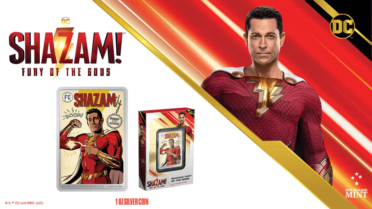 Celebrating the upcoming film, Shazam: Fury of the Gods, this 1oz pure silver coin shows a comic-style coloured image of the Super Hero and includes frosted accents and a mirrored border for extra appeal.