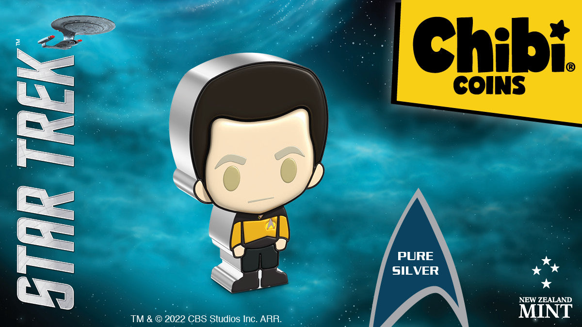Take your collection to a new frontier with this 1oz pure silver Chibi Coin®! The coin is coloured and shaped to resemble Lieutenant Commander, Data, with his notable yellow eyes, gold skin and wearing his gold Operations Division Starfleet uniform.
