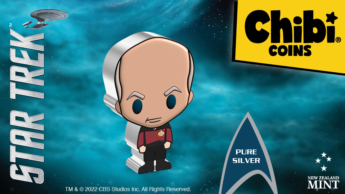 Join Captain Jean-Luc Picard on his voyages aboard the U.S.S. Enterprise-D! The first Chibi® Coin release for Star Trek: The Next Generation is shaped to resemble Picard as Chibi art, shown with his iconic bald head and red Starfleet uniform.