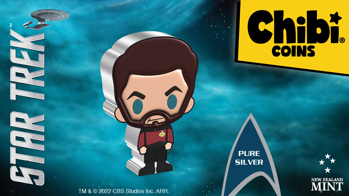 This 1oz pure silver collectible coin has been shaped and coloured to resemble Riker. He is shown wearing his classic red Starfleet uniform and features his trademark beard that signifies the maturing of his character.