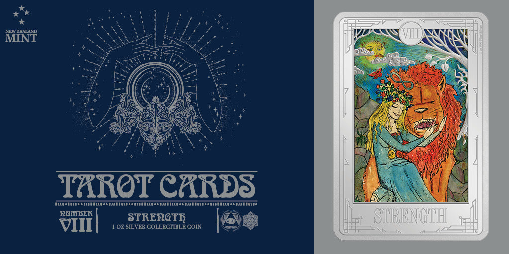 Strength is the ninth release in our popular Tarot Cards Coin Collection. The card is numbered Eight in the Tarot cards known as the Major Arcana. This 1oz pure silver coin is expertly coloured, engraved, and shaped to represent the tarot card.