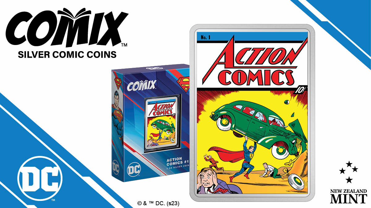 Officially licensed, this brilliant 2oz pure silver coin is shaped into a rectangular coin to mimic a comic book. It shows a coloured image of the cover of the first issue of Action Comics from June 1938.