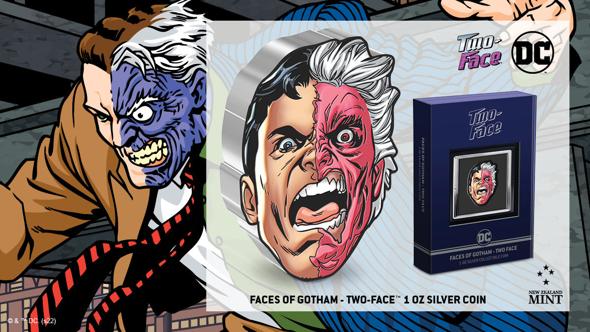 A prominent and well-educated District Attorney, Harvey Dent fought valiantly to uphold the law and make  GOTHAM CITY™ a better place. This riveting coin design marks the contrast between the two sides of TWO-FACE on 1oz of pure silver.
