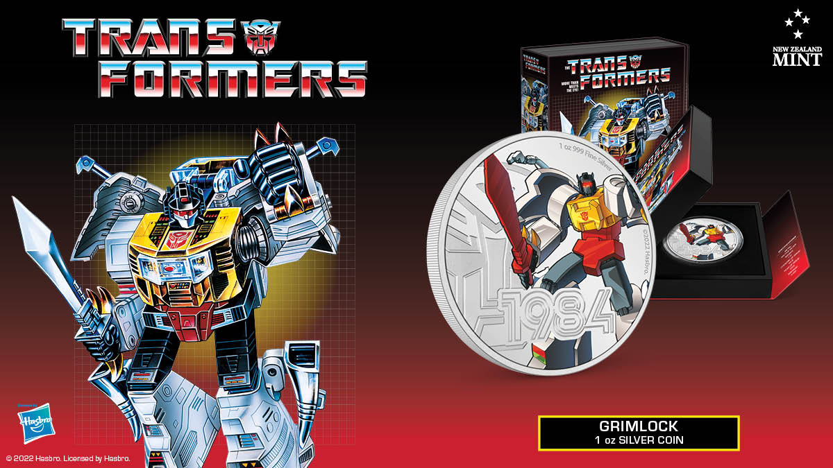 This 1oz pure silver coin features a coloured image of Grimlock as seen in his 1984 debut. He is shown posing in a powerful stance and holding out his Energo-Sword. The mirror-finish background accentuates the silver and makes the colour pop.