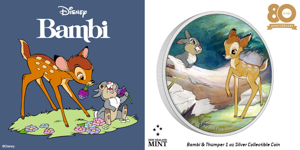 Officially licensed, this wondrous 1oz pure silver coin features a coloured image of Bambi and Thumper against the background of the forest, where patches of frosting accentuate the silver and enrich the design.