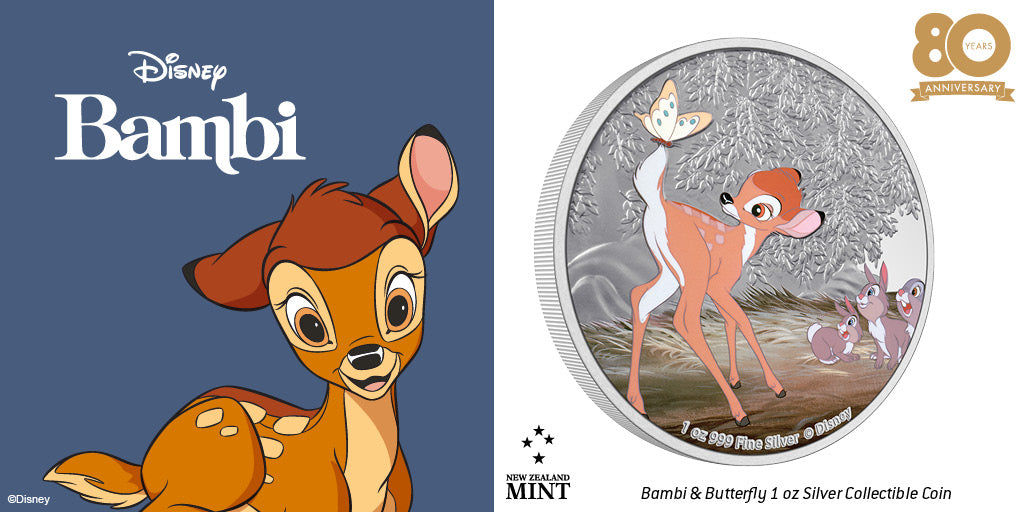 Relive the wonder of this Disney classic! This coin is the final release in our wonderful collection to celebrate 80 years of Bambi! 1oz of pure silver, it showcases the adorable moment that curious young Bambi discovers a butterfly on his tail!