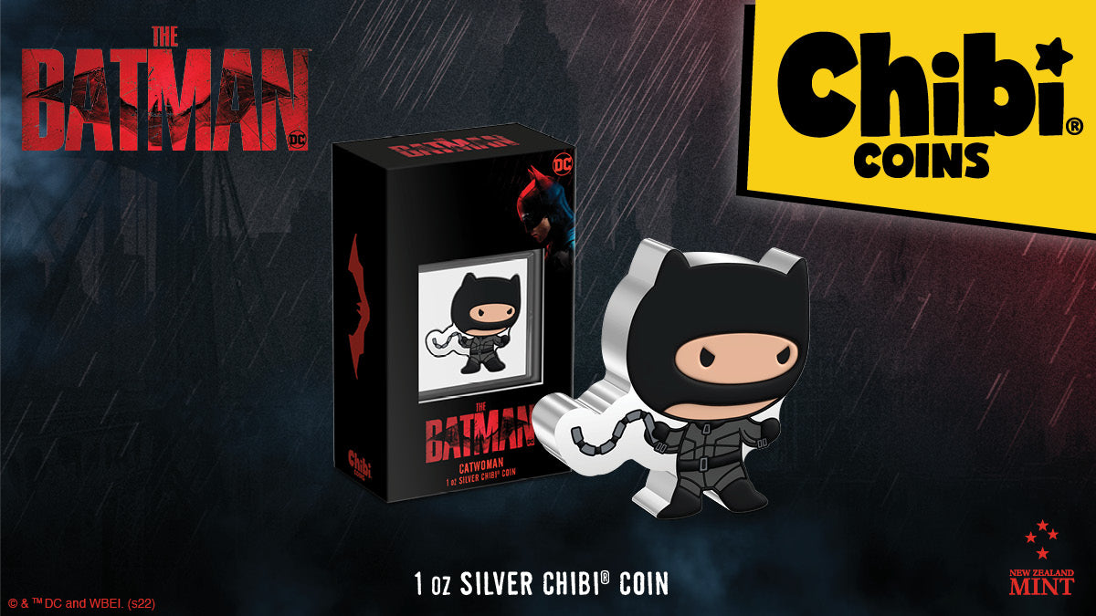 The cat’s out of the bag! Our latest Chibi® Coin for the 2022 film, The Batman features the anti-heroine, CATWOMAN™. This 1oz pure silver coin has been shaped and coloured to show CATWOMAN’s iconic look from the film and holding her signature whip.