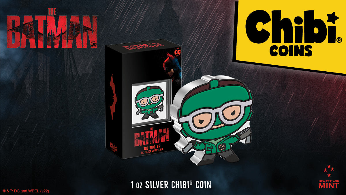 The evil genius of Gotham City THE RIDDLER™ has tricked his way onto a 1oz pure silver Chibi® Coin! The design features the villain’s sinister look as seen in the recent 2022 film, The Batman.