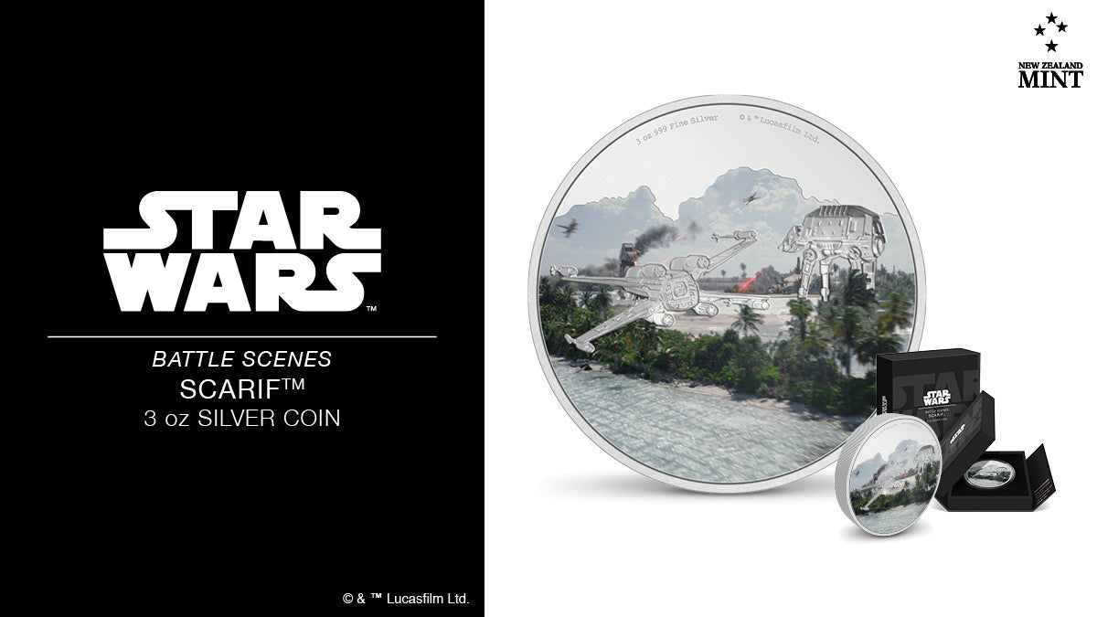 For this epic battle, of course we had to make an epic coin! Made of 3oz pure silver and a huge 55mm in diameter, it features the action-packed Battle of Scarif™ from Rogue One: A Star Wars Story™.