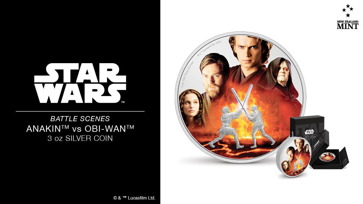 Our second Star Wars™ Battle Scenes coin showcases the legendary duel on Mustafar™ as seen in Star Wars: Revenge of the Sith™. To do justice to the design on this coin, it has been made with 3oz pure silver to give a large 55mm diameter canvas!