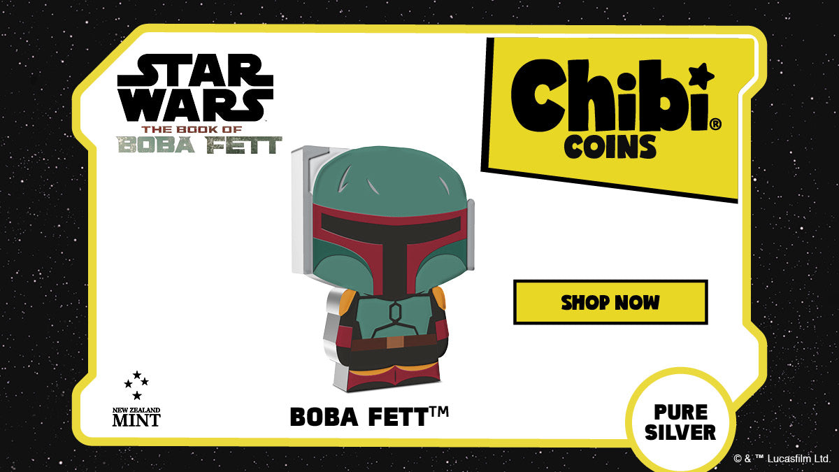 Made from 1oz of pure silver, this collectible Boba Fett Chibi® coin has been shaped and coloured to mimic Boba as he appears in the Lucasfilm series, The Book of Boba Fett™.