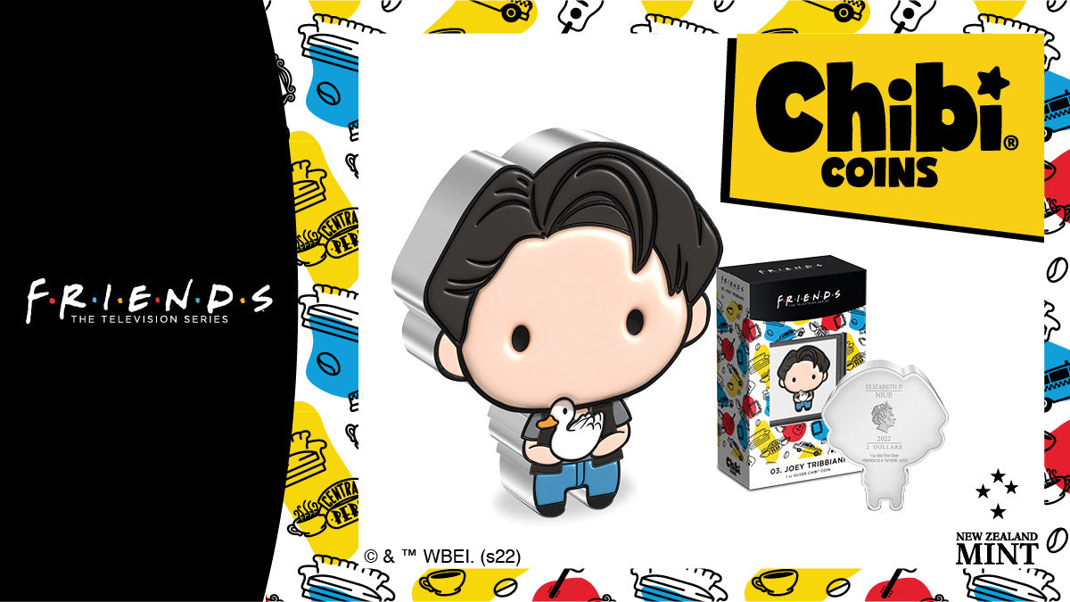 Joey Tribbiani™ has made his way onto our latest FRIENDS™ Collectible Chibi® Coin! Created in partnership with Warner Bros. Consumer Products, this charming piece is made from 1oz of pure silver and represents Joey as Chibi art. 