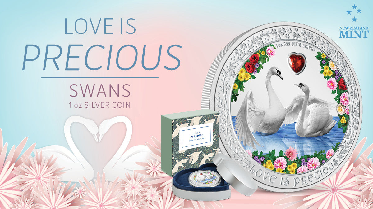 The annual release in our Love is Precious coin series is here! Made of 1oz pure silver, it features two white Swans as a symbol of love. Surrounding them are lovely, coloured flowers and set into the coin is a red heart-shaped cubic zirconia.