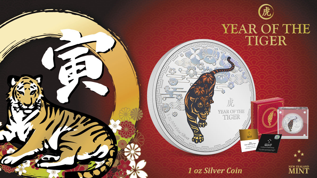 This 1oz silver coin features a decorative, coloured tiger in a traditional powerful stance, softened by iridescent motifs glowing with the colourful quality of a rainbow. This is offset by a stunning mirror finish fitting the Year of the Tiger.