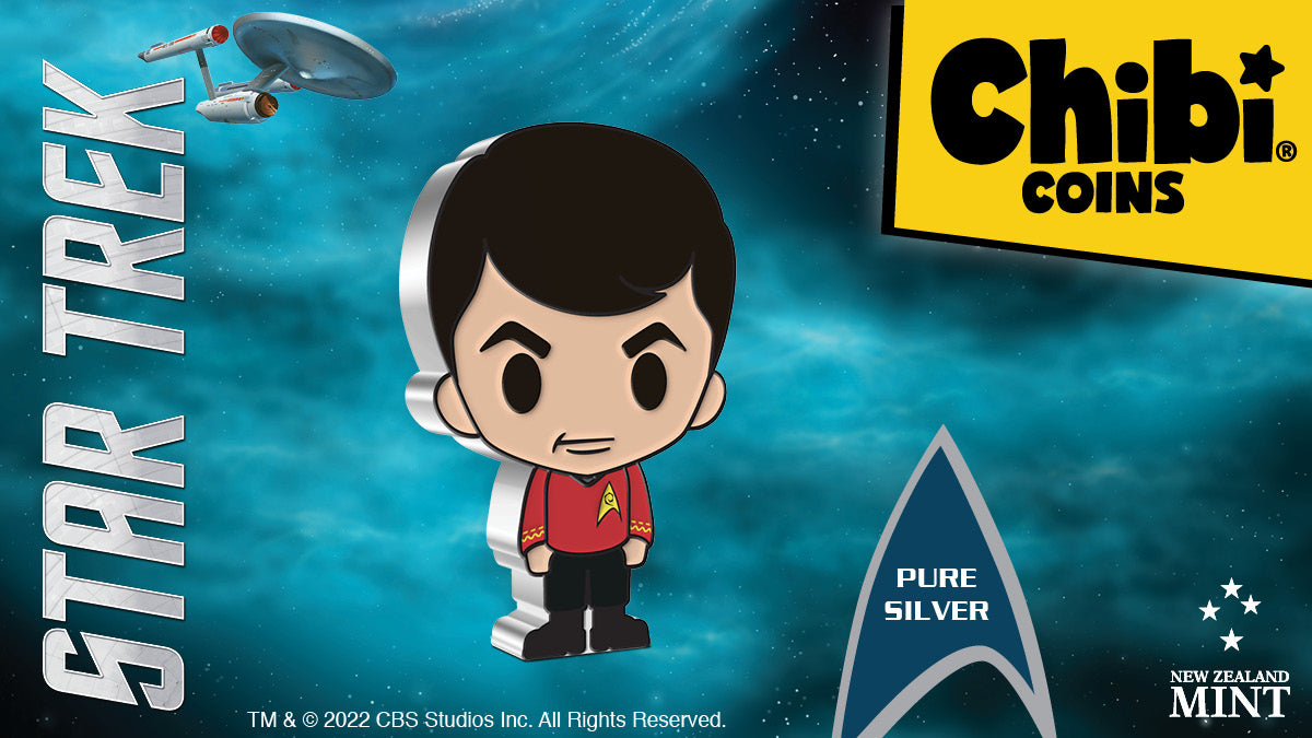 Montgomery Scott, fondly known as “Scotty” by the crew of the U.S.S. Enterprise, joins the Star Trek Pure Silver Chibi® Coin Series. The skilled chief engineer has been coloured and shaped to show Scott in his distinctive red Starfleet uniform.