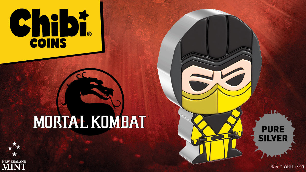 Today we introduce a new Chibi® Coin Series for the 1992 Mortal Kombat video game. We begin the series with the mascot of the game, a deadly resurrected ninja, Scorpion! The focus is on his distinctive yellow tunic and mask, and headgear.