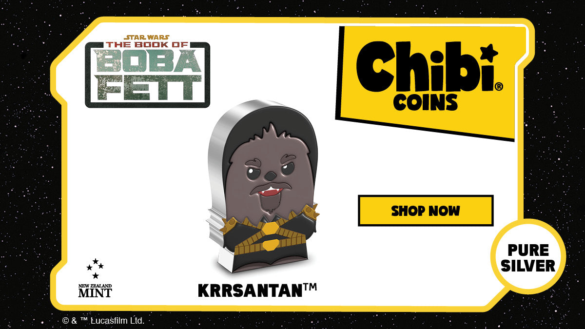 Made from 1oz of pure silver, this dangerous coin has been shaped and coloured to represent Krrsantan wearing his gold armour, with a menacing and rageful appearance. The packaging is Star Wars™- themed and includes a transparent window for display.