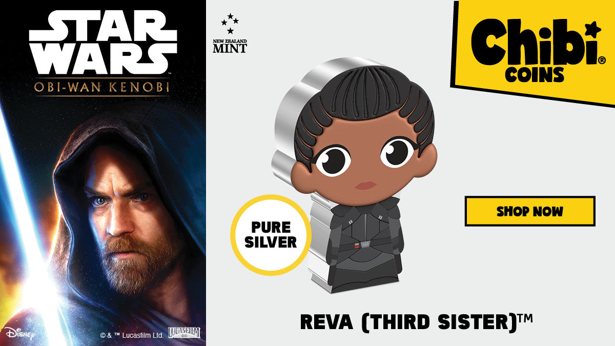 The merciless Inquisitor, Third Sister™, makes her mark on a 1oz pure silver Chibi® Coin! This coin has been shaped and coloured to show Reva™ with her full black armour and signature cornrows, as seen in the 2022 Star Wars™ series, Obi-Wan Kenobi™.