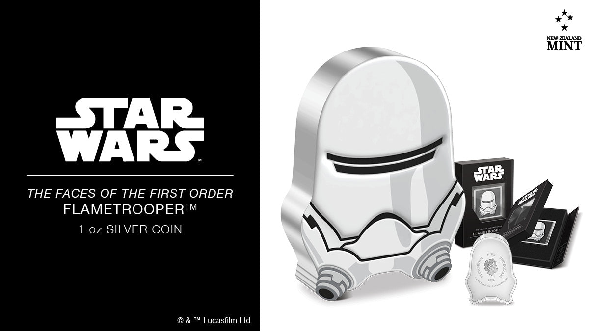 This fiery 1oz pure silver coin has been skilfully shaped and coloured to resemble the specialized helmet of a First Order Flametrooper™. To truly bring this hothead to life, some relief has been added to the design for a 3D effect.